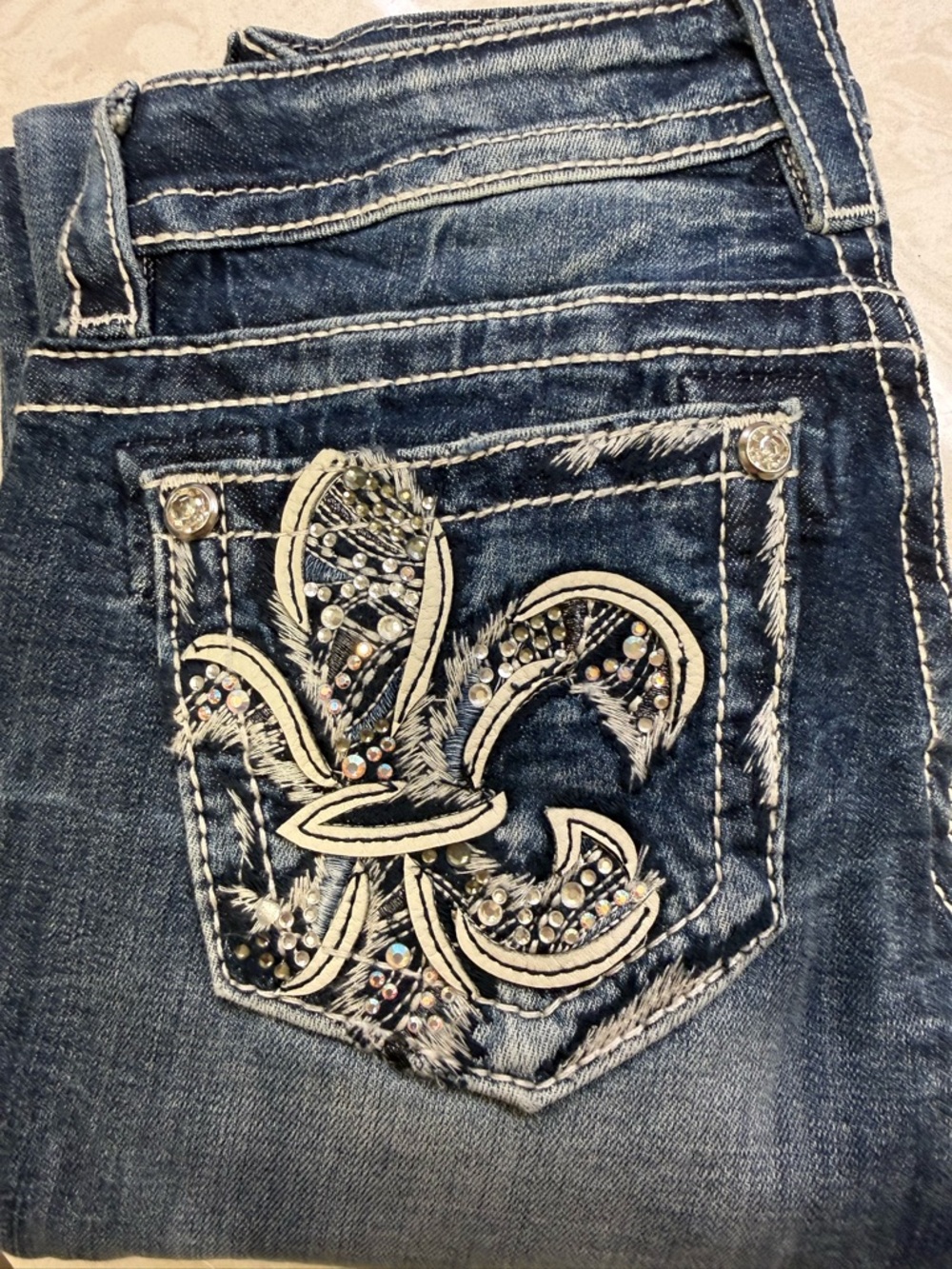 Miss Me Dark Blue Embellished Skinny Jeans with Fleur-de-Lis Pocket